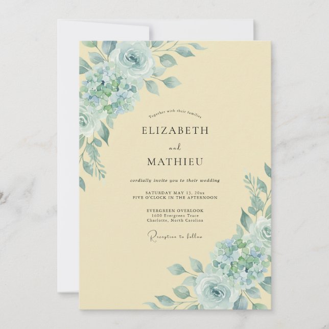 Invitation Mariage Aquarelle Crème Aqua (Devant)