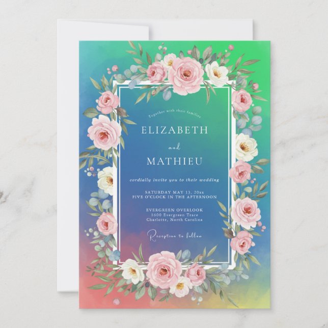Invitation Mariage aquarelle Cyan Blush (Devant)