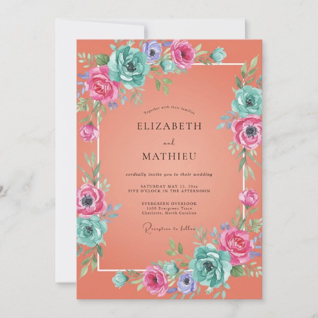 Invitation Mariage Aquarelle Cyan Corail (Devant)