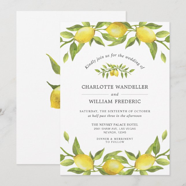 Invitation Mariage Aquarelle De Citrons Fleuris De Verdure (Devant / Derrière)