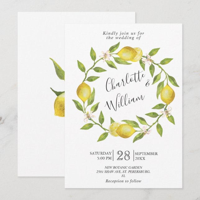 Invitation Mariage Aquarelle de Citrons Fleuris et de Verdure (Devant / Derrière)