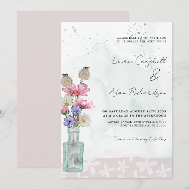 Invitation Mariage aquarelle de fleurs sauvages Boho Chic  (Devant / Derrière)