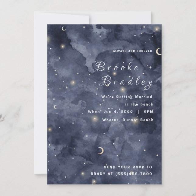 Invitation Mariage aquarelle de minuit Lune & Étoiles (Devant)