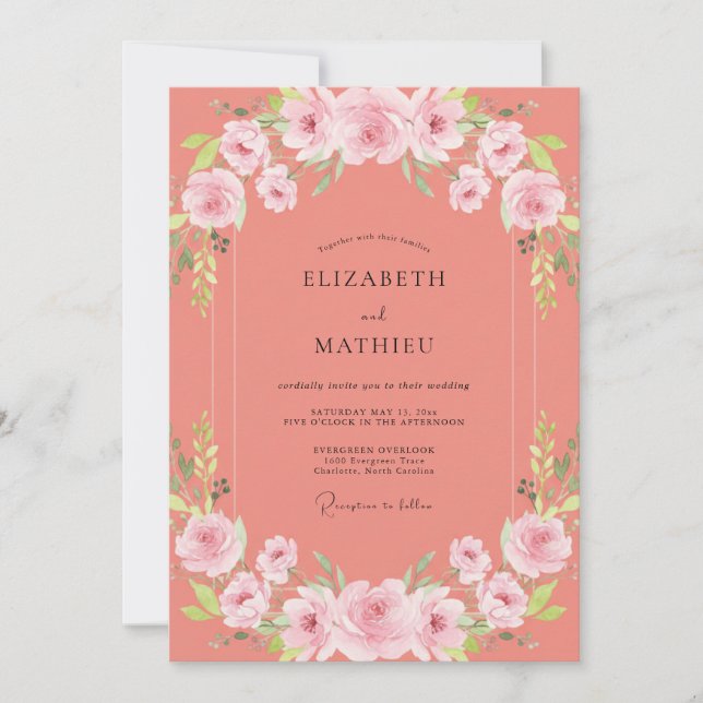 Invitation Mariage aquarelle de pivoine corail (Devant)