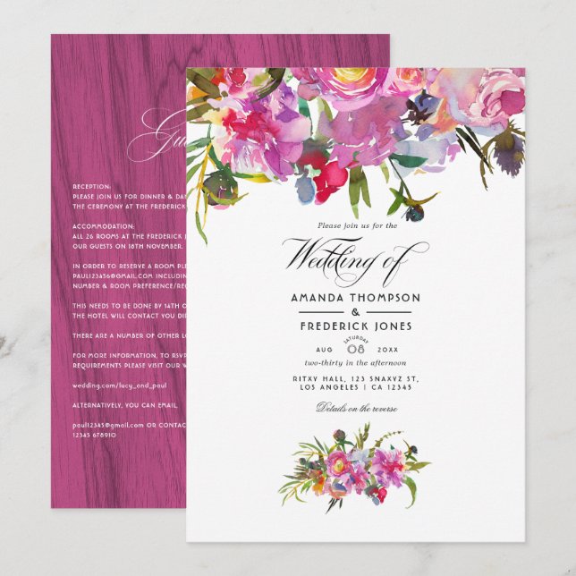 Invitation Mariage aquarelle de pivoines roses rustiques vint (Devant / Derrière)