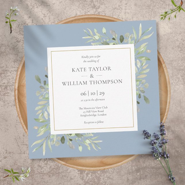 Invitation Mariage Aquarelle de verdure bleu poussiéreux (Créateur téléchargé)