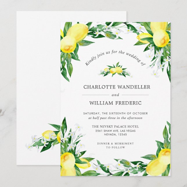 Invitation Mariage Aquarelle De Verdure De Fleurs De Citron (Devant / Derrière)