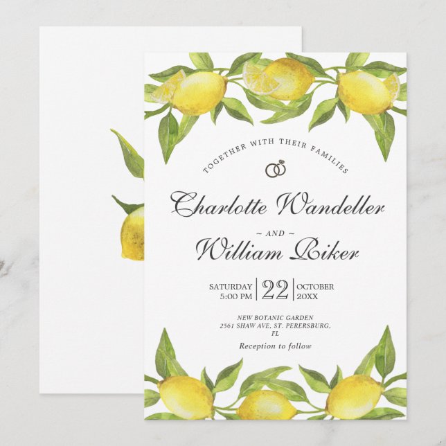 Invitation Mariage Aquarelle De Verdure De Fleurs De Citron (Devant / Derrière)