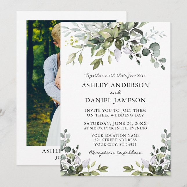 Invitation Mariage Aquarelle de verdure Photo (Devant / Derrière)