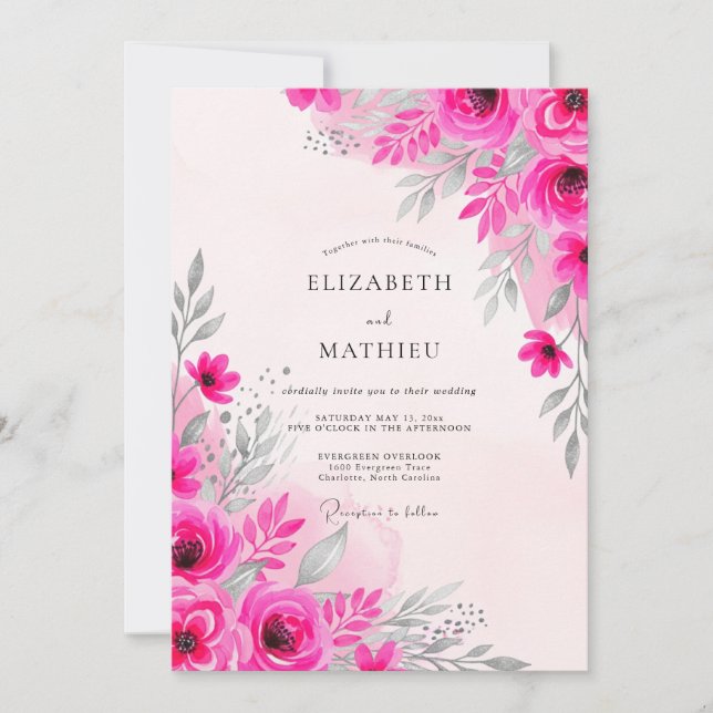 Invitation Mariage aquarelle délicat fuchsia (Devant)
