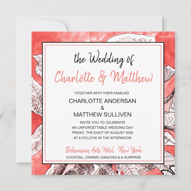 Invitation Mariage aquarelle dessin floral bohème corail (Devant)