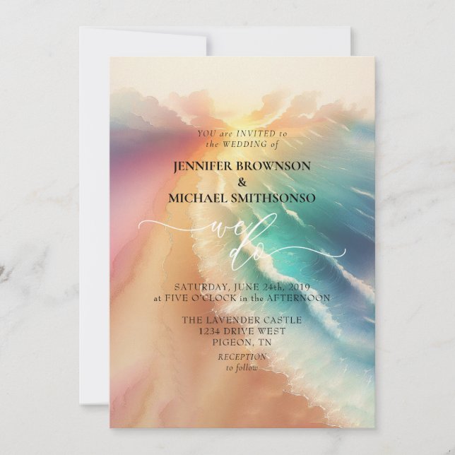 Invitation Mariage aquarelle d'été plage océan mer rose (Devant)