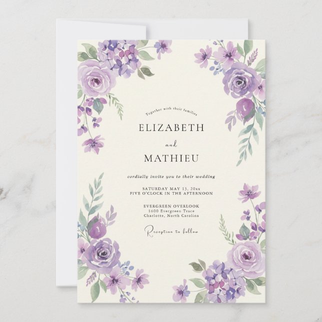 Invitation Mariage aquarelle d'orchidée violette (Devant)