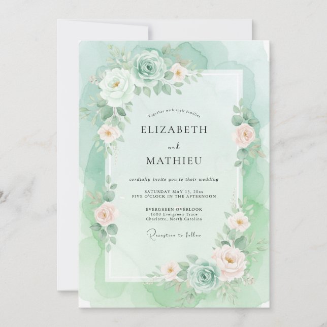Invitation Mariage Aquarelle Douce Menthe (Devant)