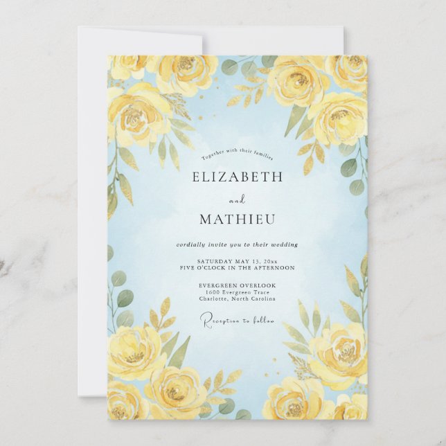 Invitation Mariage aquarelle eau azur et citron côtier (Devant)