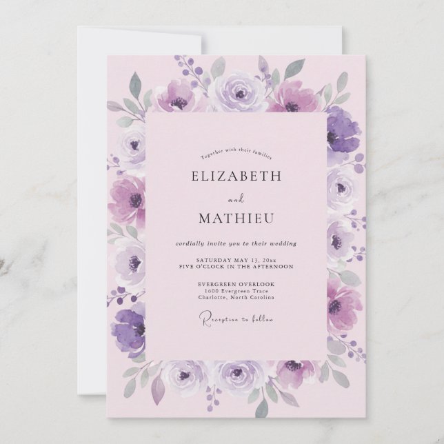Invitation Mariage aquarelle eau de lilac violet (Devant)