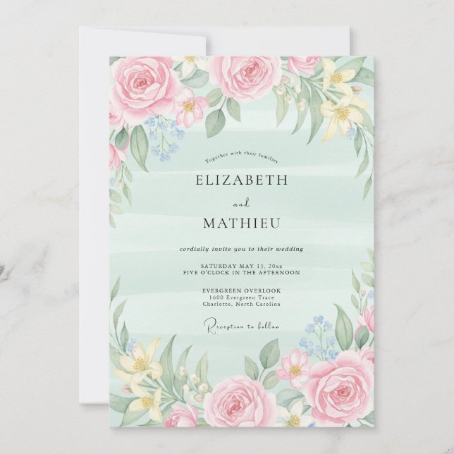 Invitation Mariage Aquarelle Eau de Menthe Rose (Devant)