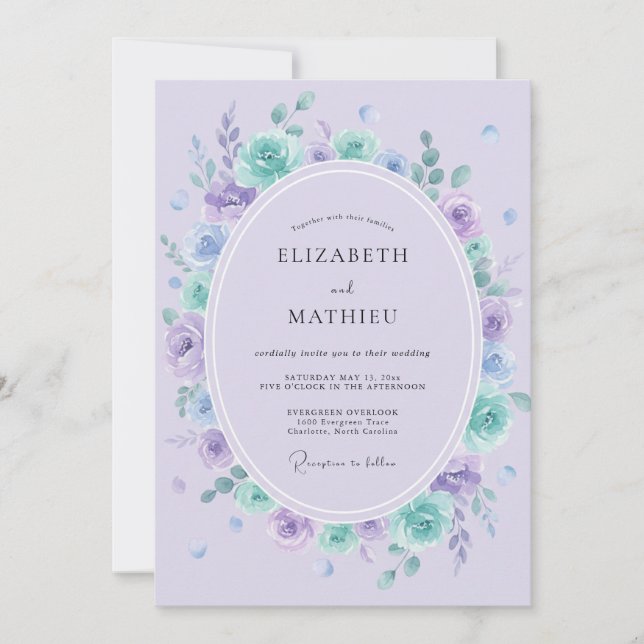 Invitation Mariage aquarelle eau douce lilas (Devant)