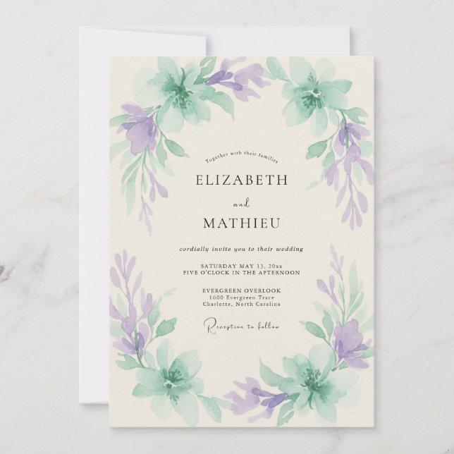 Invitation Mariage aquarelle eau et menthe pérvenche (Devant)