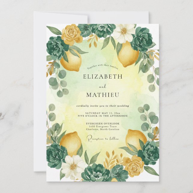 Invitation Mariage aquarelle eau jaune citrus (Devant)