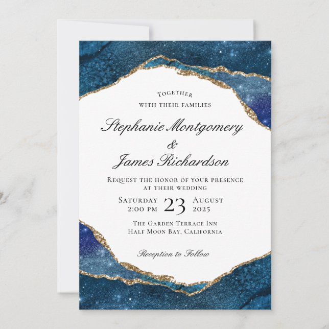Invitation Mariage Aquarelle Élégant Bleu Or Feuille Agate (Devant)