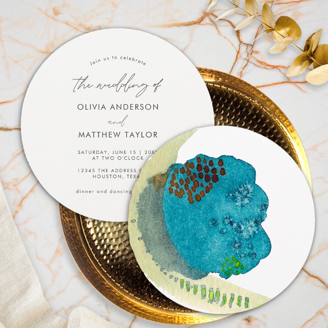 Invitation Mariage Aquarelle Élégant Bleu Unique Moderne (Front/Back)