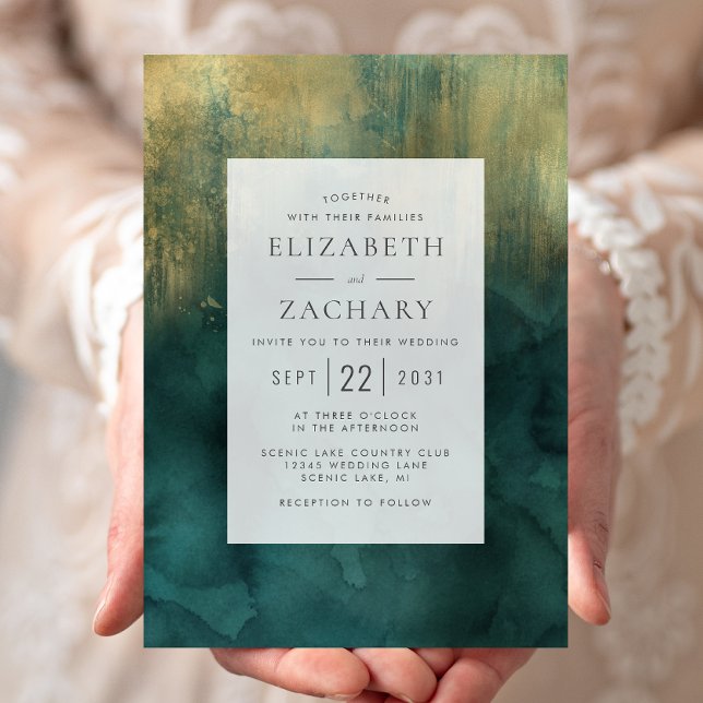 Invitation Mariage aquarelle élégant sarcelle or (Créateur téléchargé)