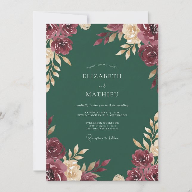 Invitation Mariage aquarelle en forêt bordeaux (Devant)