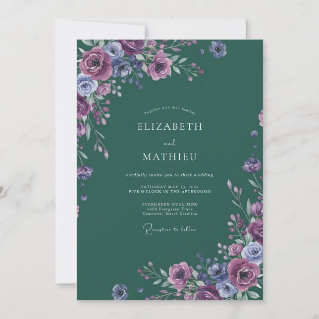 Invitation Mariage aquarelle en forêt violette (Devant)