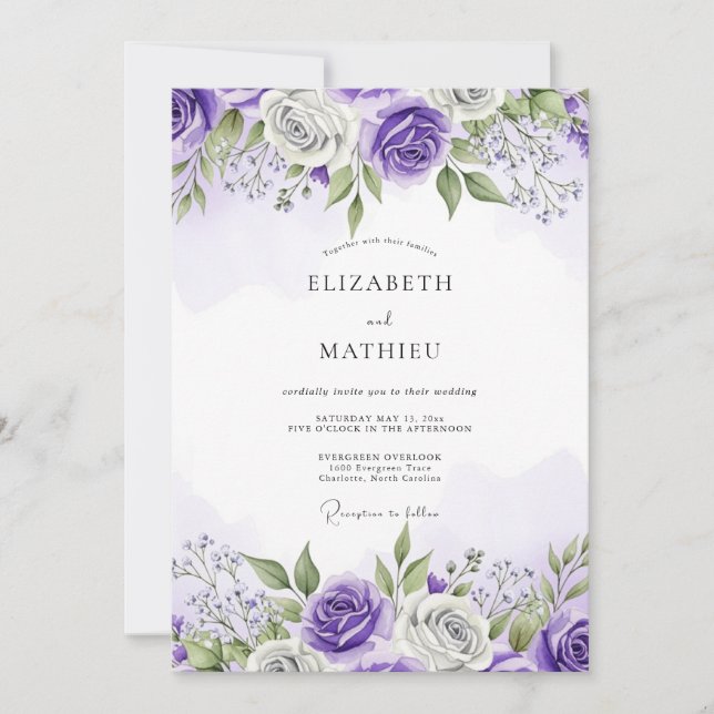 Invitation Mariage aquarelle enchanté violet (Devant)