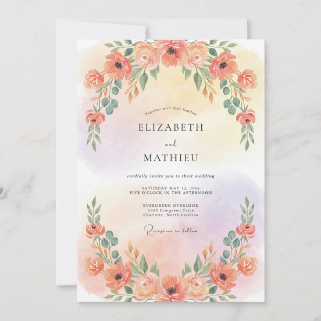 Invitation Mariage Aquarelle Enchantée aux Pêches (Devant)