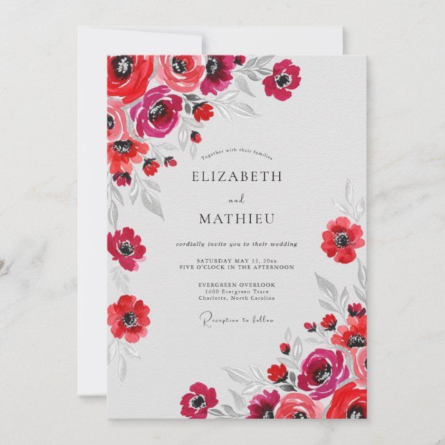 Invitation Mariage Aquarelle Esprit Rouge (Devant)