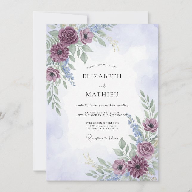 Invitation Mariage Aquarelle Éthéré au Plum (Devant)