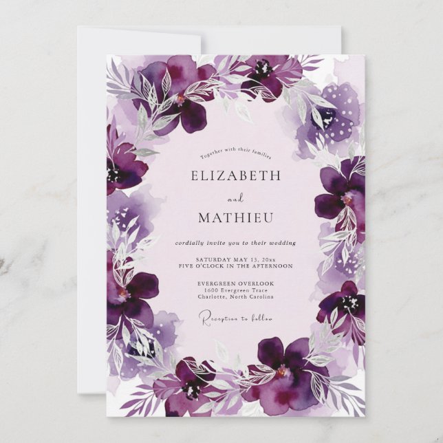 Invitation Mariage Aquarelle Éthérée Prune (Devant)
