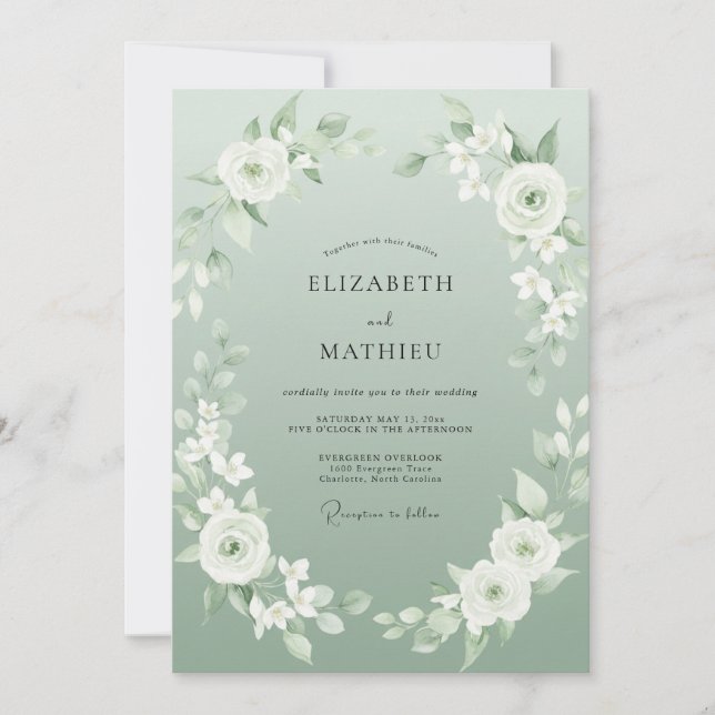 Invitation Mariage Aquarelle Éthérée Vert Sauge (Devant)