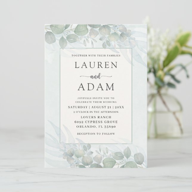 Invitation Mariage aquarelle eucalyptus vert sauge rustique (Debout devant)