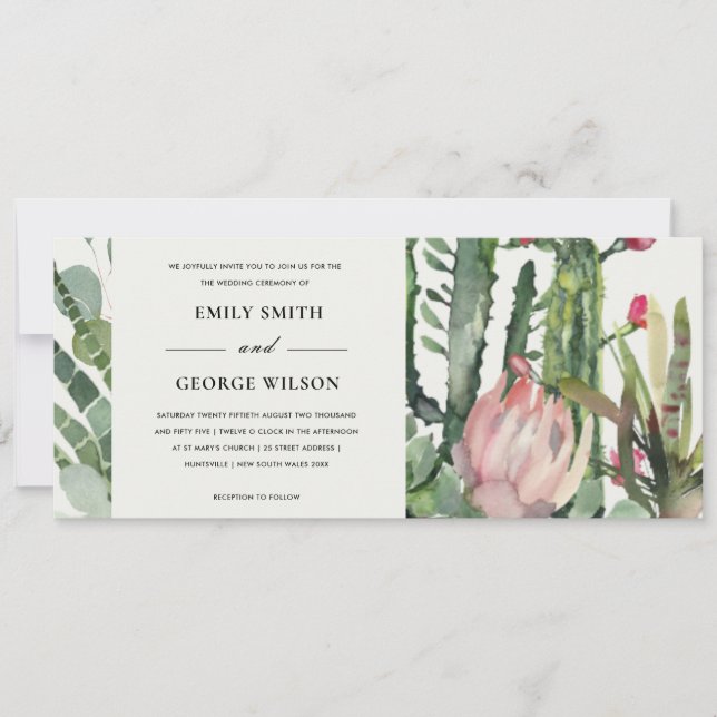 INVITATION MARIAGE AQUARELLE FAUNE CACTUS FLEURS ROSES BOHO (Devant)