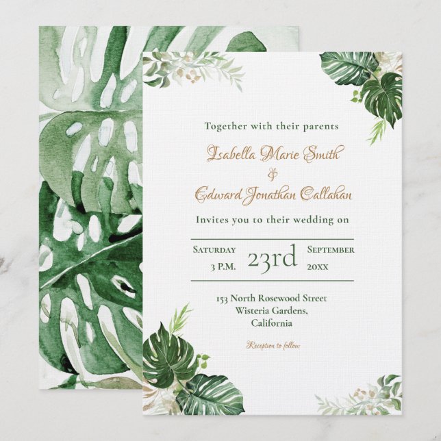 Invitation Mariage Aquarelle Feuilles de Monstera Vert Tropic (Devant / Derrière)