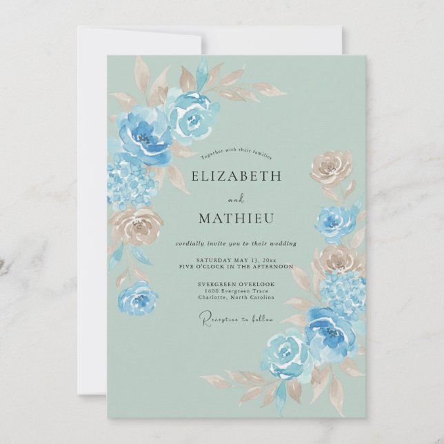 Invitation Mariage aquarelle Fleur Bleu Ciel (Devant)