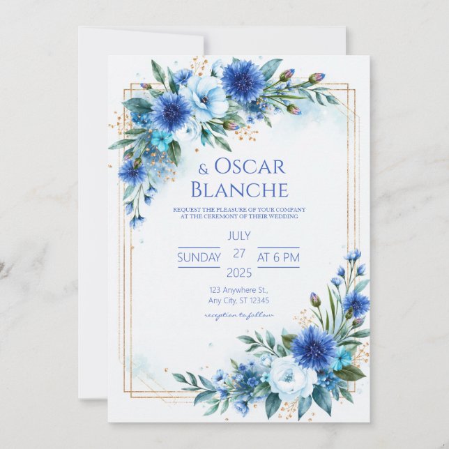 Invitation Mariage Aquarelle Fleur de Bleuet Cobalt (Devant)