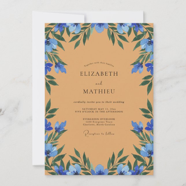 Invitation Mariage Aquarelle Fleur de Bleuet Ocre (Devant)