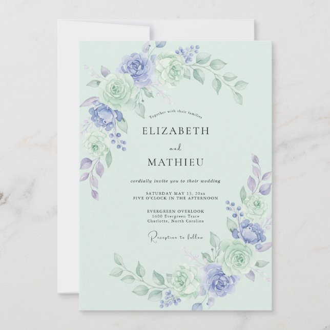Invitation Mariage Aquarelle Fleur de Pervenche (Devant)