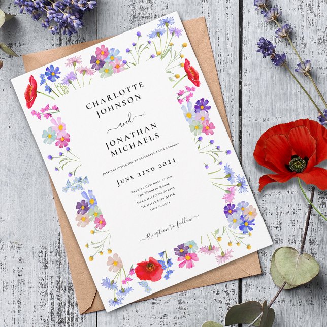 Invitation Mariage Aquarelle Fleur Sauvage Coloré (Modern colorful wildflower floral wedding invitation with red poppy blue cornflower pink peach)