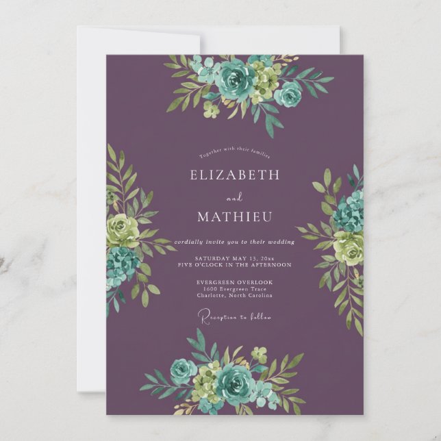 Invitation Mariage Aquarelle Fleurie Aqua Prune (Devant)