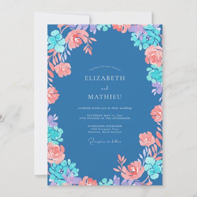 Invitation Mariage Aquarelle Fleurie Bleu Acier Corail (Devant)