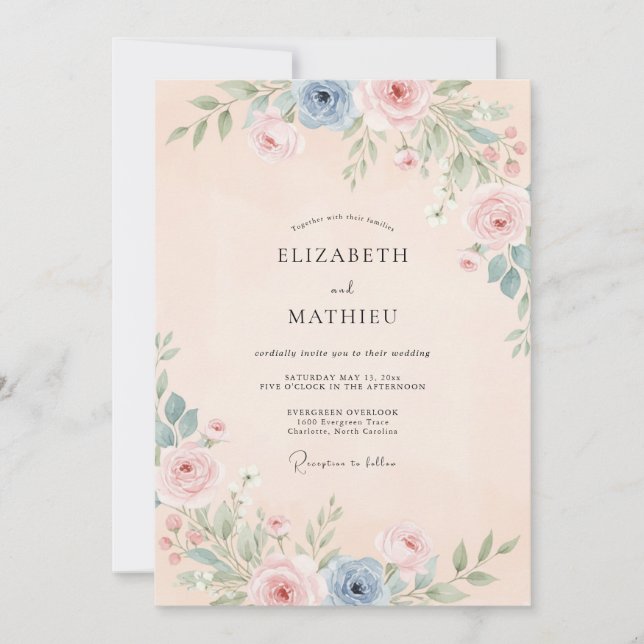 Invitation Mariage Aquarelle Fleurie Bleu Douce Pêche (Devant)
