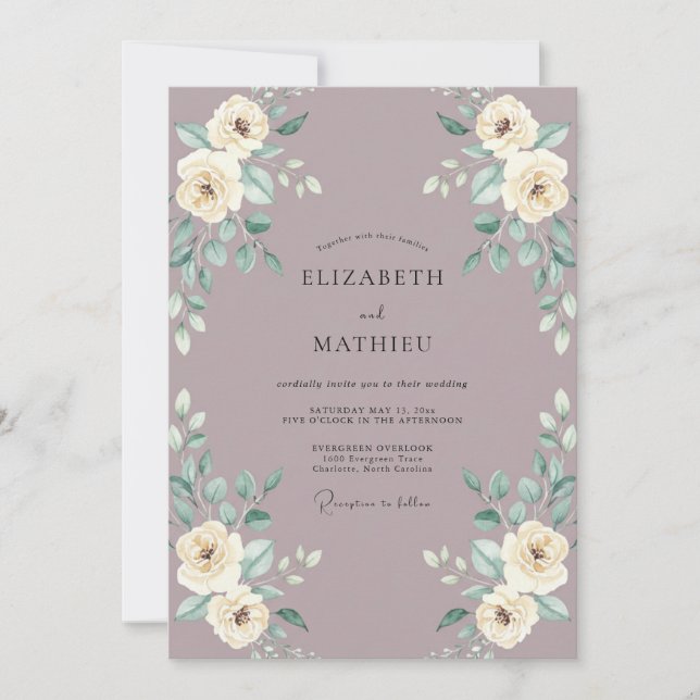 Invitation Mariage Aquarelle Fleurie Crème Mauve (Devant)