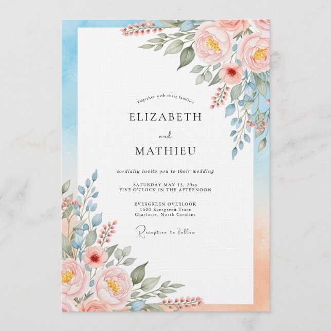 Invitation Mariage Aquarelle Fleurie Rose Pâle (Devant)