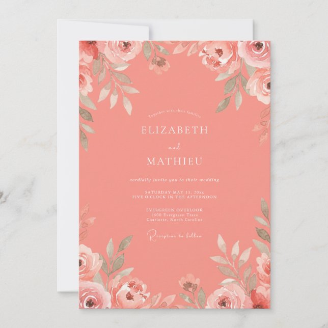 Invitation Mariage Aquarelle Fleurs Rose Corail (Devant)