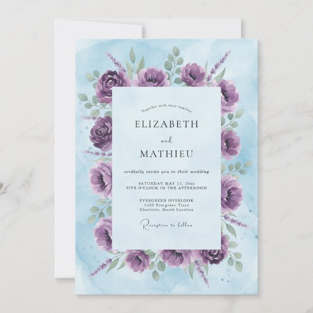 Invitation Mariage aquarelle fleurs violettes (Devant)